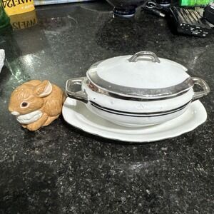 Vintage Porcelain Empire, 1572, Sugar Bowl w/Lid, Spoon White Porcelain Gold